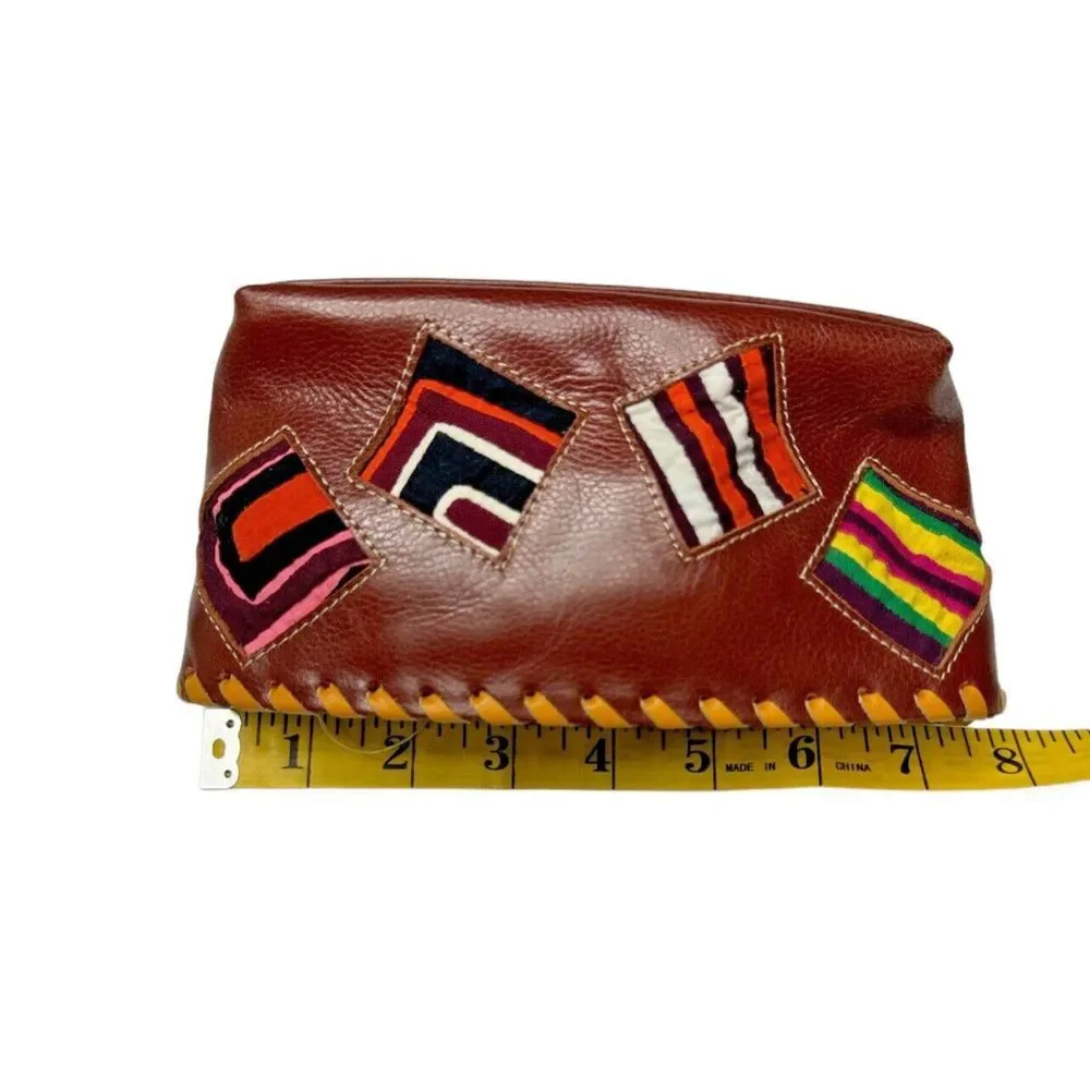 Arte Kuna Colombia 100% Leather Zippered Makeup Bag‎ with 4 Square Mola Design